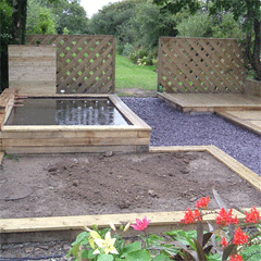 Raised Beds with Pond and Decking